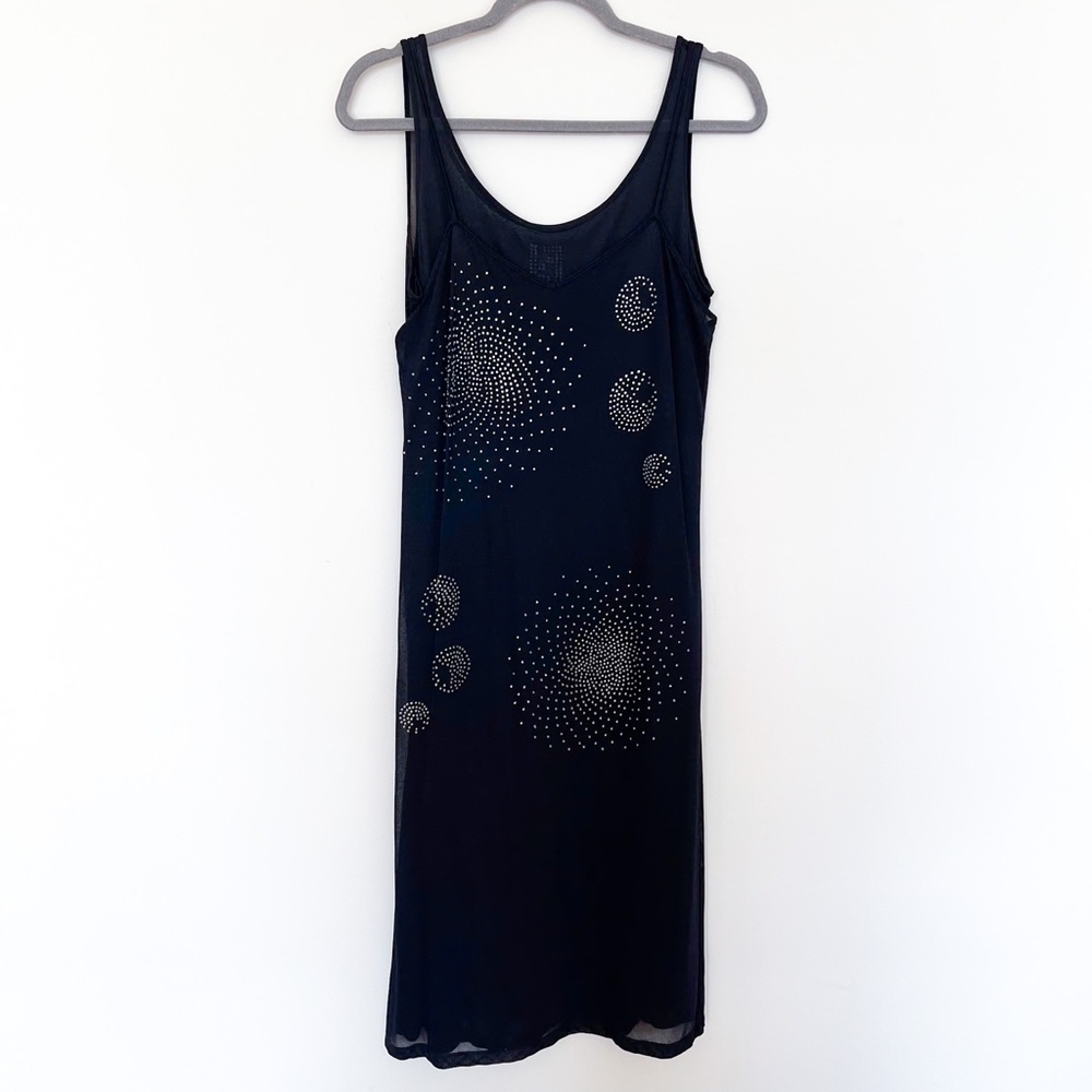 FENDI Black Midi Mesh Sleeveless Sexy Dress Crystals Semi Sheer Tulle Italy 44